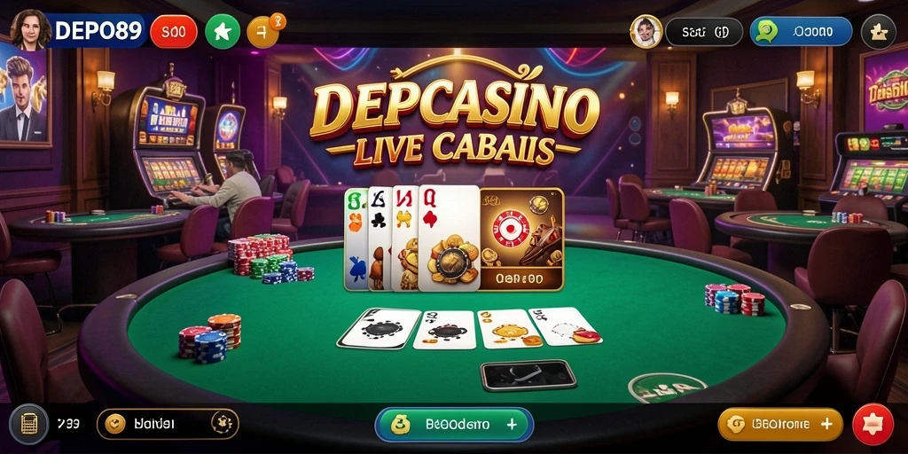 Screenshot gameplay DEPO89 dengan dealer langsung dan permainan kasino.