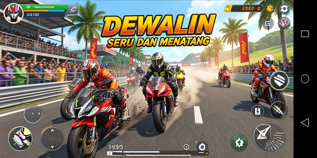 Tampilan gameplay balapan motor yang seru dan menegangkan.