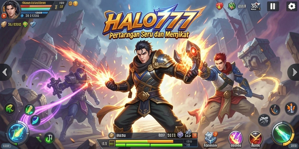 Tampilan gameplay HALO777 dengan pertarungan yang seru dan karakter unik.