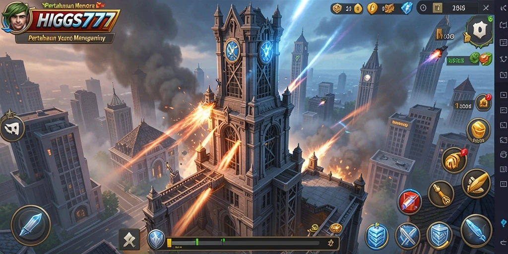 Screenshot gameplay HIGGS777 menunjukkan pertarungan menegangkan di Tower Defense.