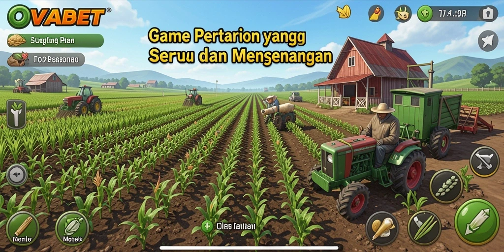 Screenshot gameplay OVABET menampilkan kebun yang subur dan hasil panen melimpah.
