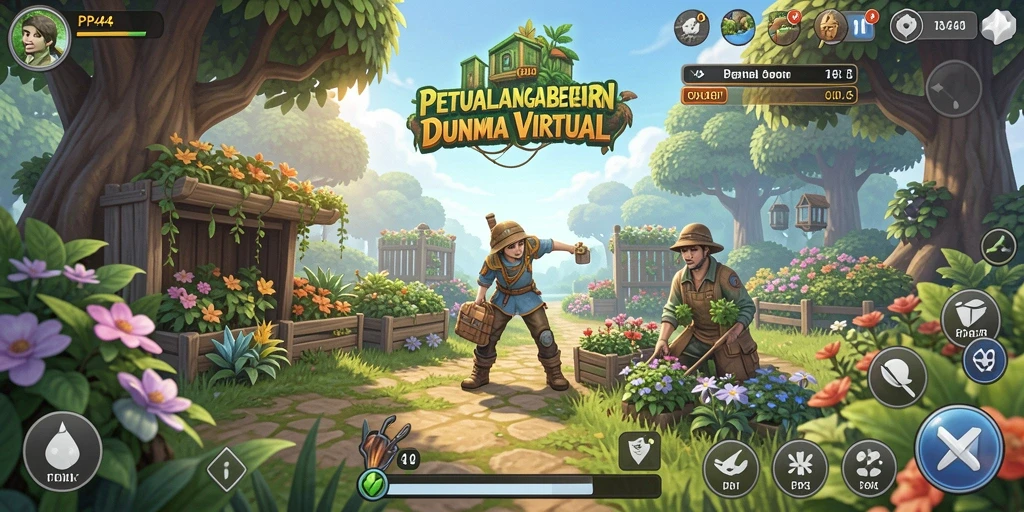 Tampilan screenshot PP444 menampilkan kebun yang indah dan aktivitas pertanian.