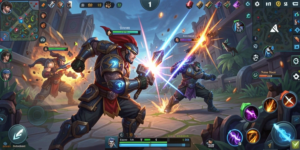 Tampilan gameplay MOBA yang mendebarkan dan penuh aksi.