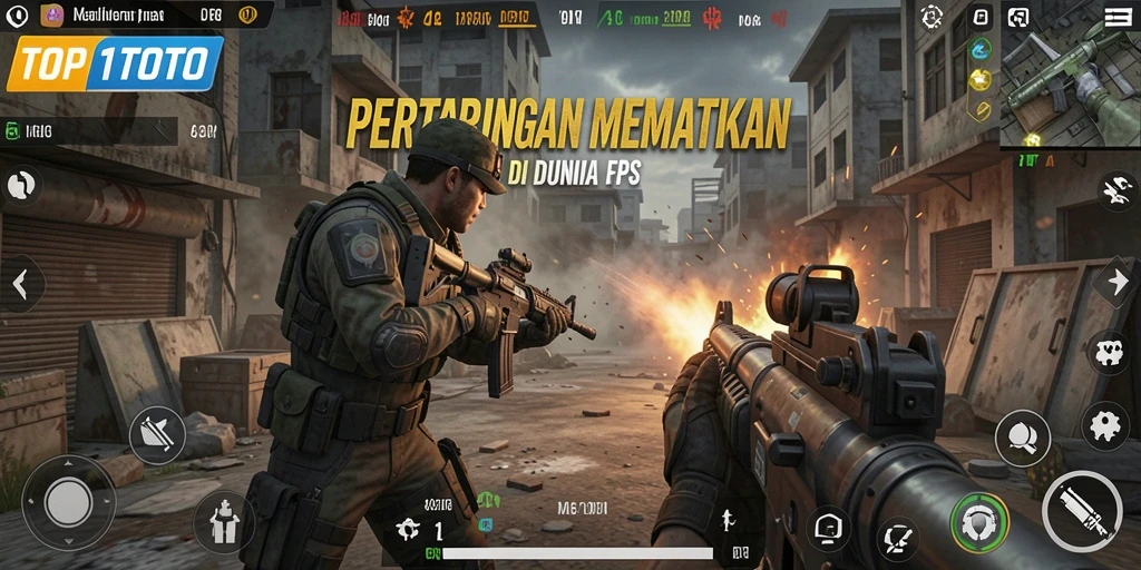 Screenshot TOP1TOTO menampilkan aksi tembak-menembak yang intens.