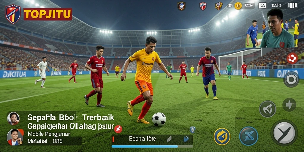 Screenshot permainan TOPJITU menampilkan aksi seru di lapangan sepak bola.