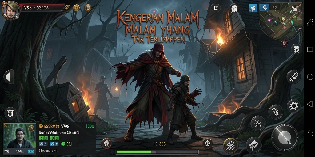 Tangkapan layar V98 menampilkan momen menegangkan selagi menjelajahi dunia horor yang gelap.