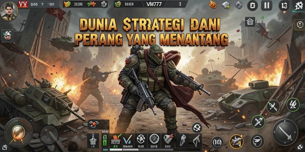 Tangkapan layar utama dari gameplay <strong>VM777</strong> yang menunjukkan strategi dan pertempuran.